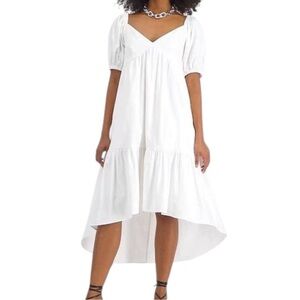 INC Cotton Puff-Sleeve High-Low Midi Dress White Babydoll sz S Prairie Peasant